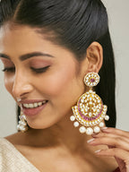 Nuyug 22K Gold-Plated Elegant Ruby & Kundan Stone Studded With Pearl Beaded Floral Chandbalis | Grab2Buy