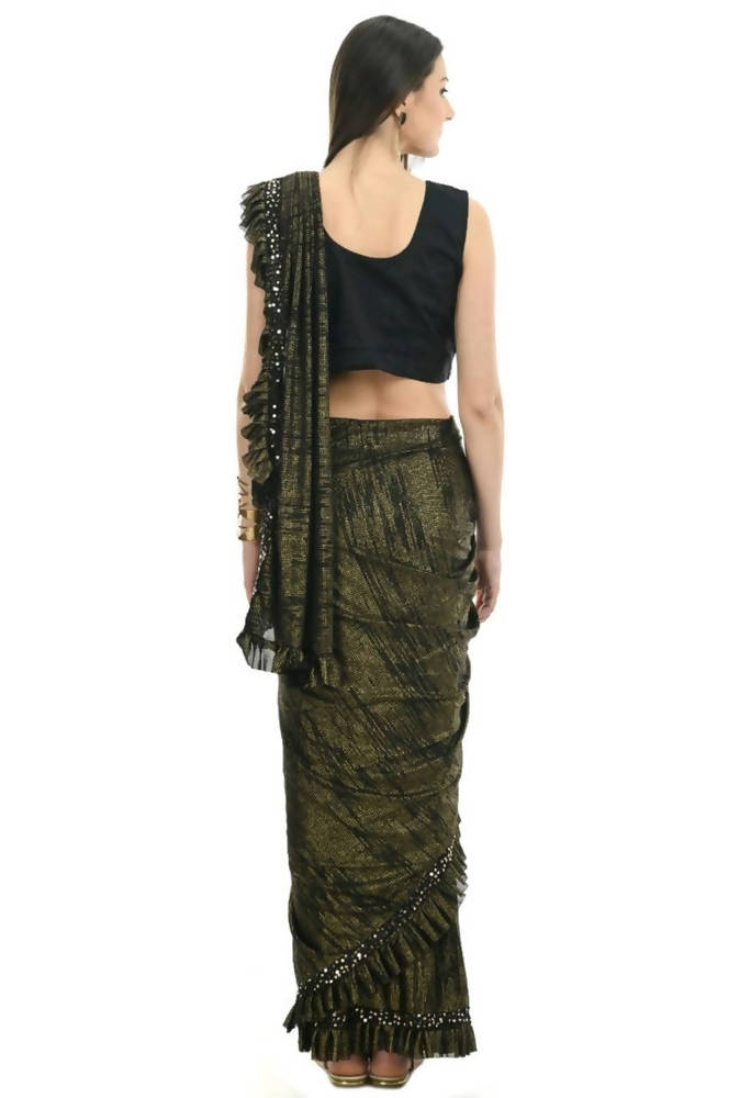 Mominos Fashion All Season Wear Olive Green And Black Ruffled Ready To Wear Saree | Grab2Buy