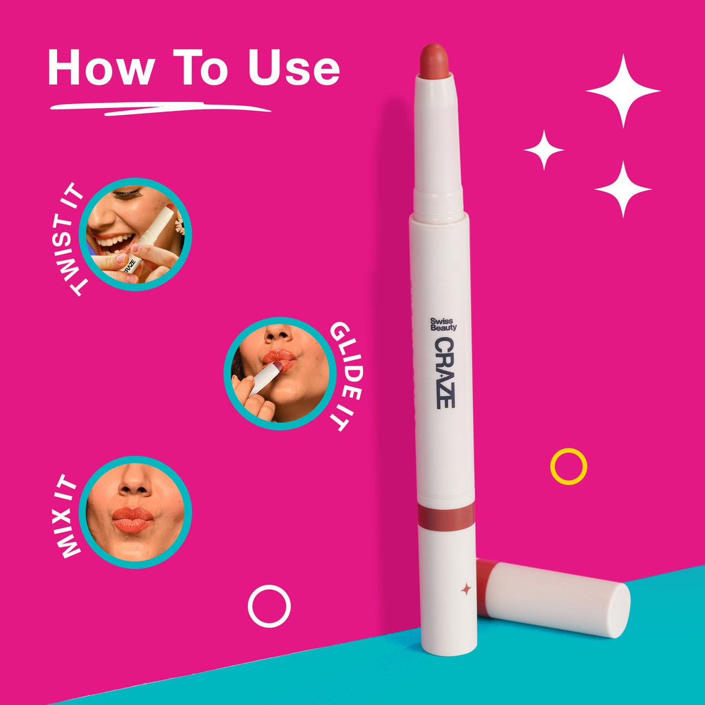 Swiss Beauty CRAZE Duo 2 In 1 Satin Matte Finish Lipstick Non-Transfer Lip Colour - 03 Choco Spice | Grab2Buy