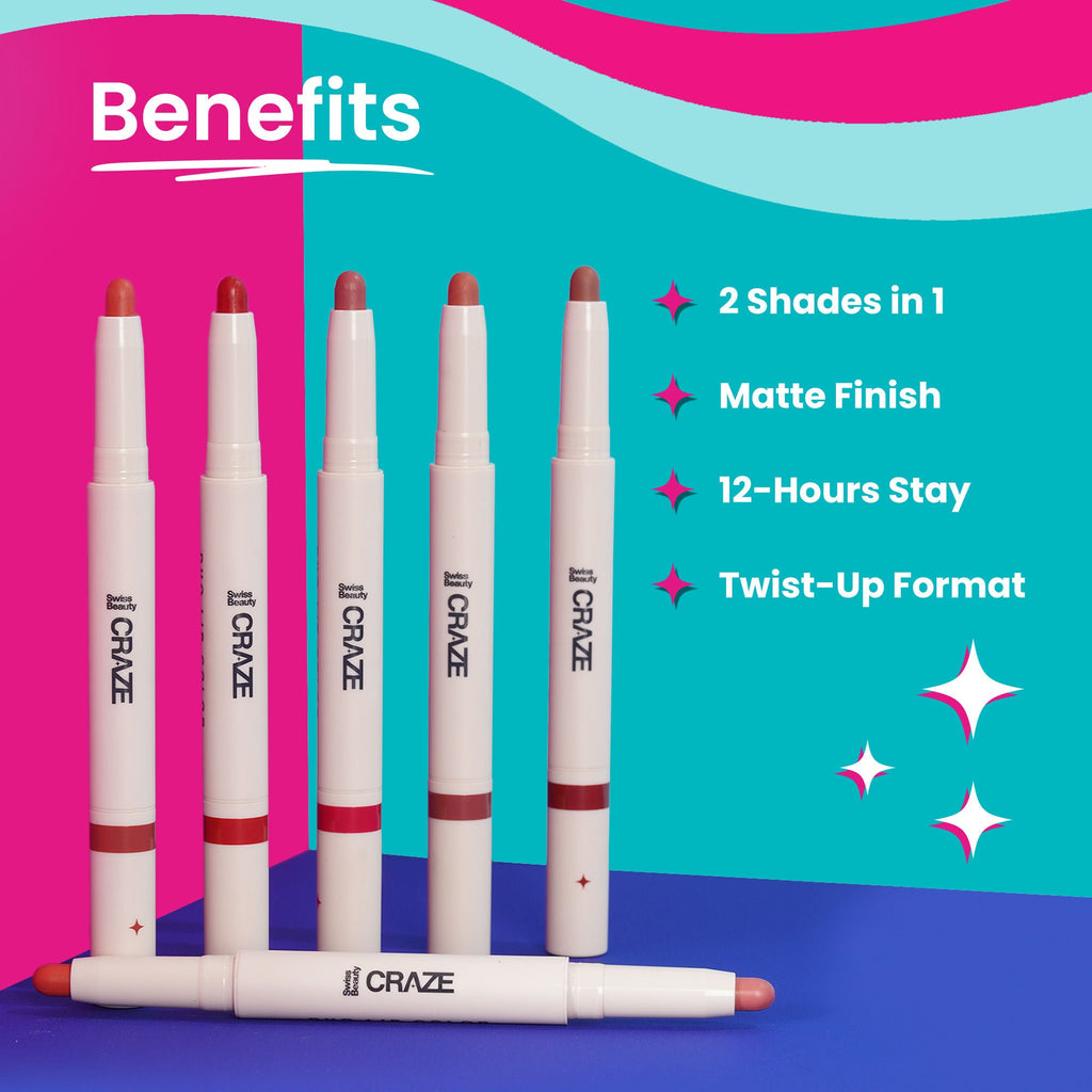 Swiss Beauty CRAZE Duo 2 In 1 Satin Matte Finish Lipstick Non-Transfer Lip Colour - 03 Choco Spice | Grab2Buy