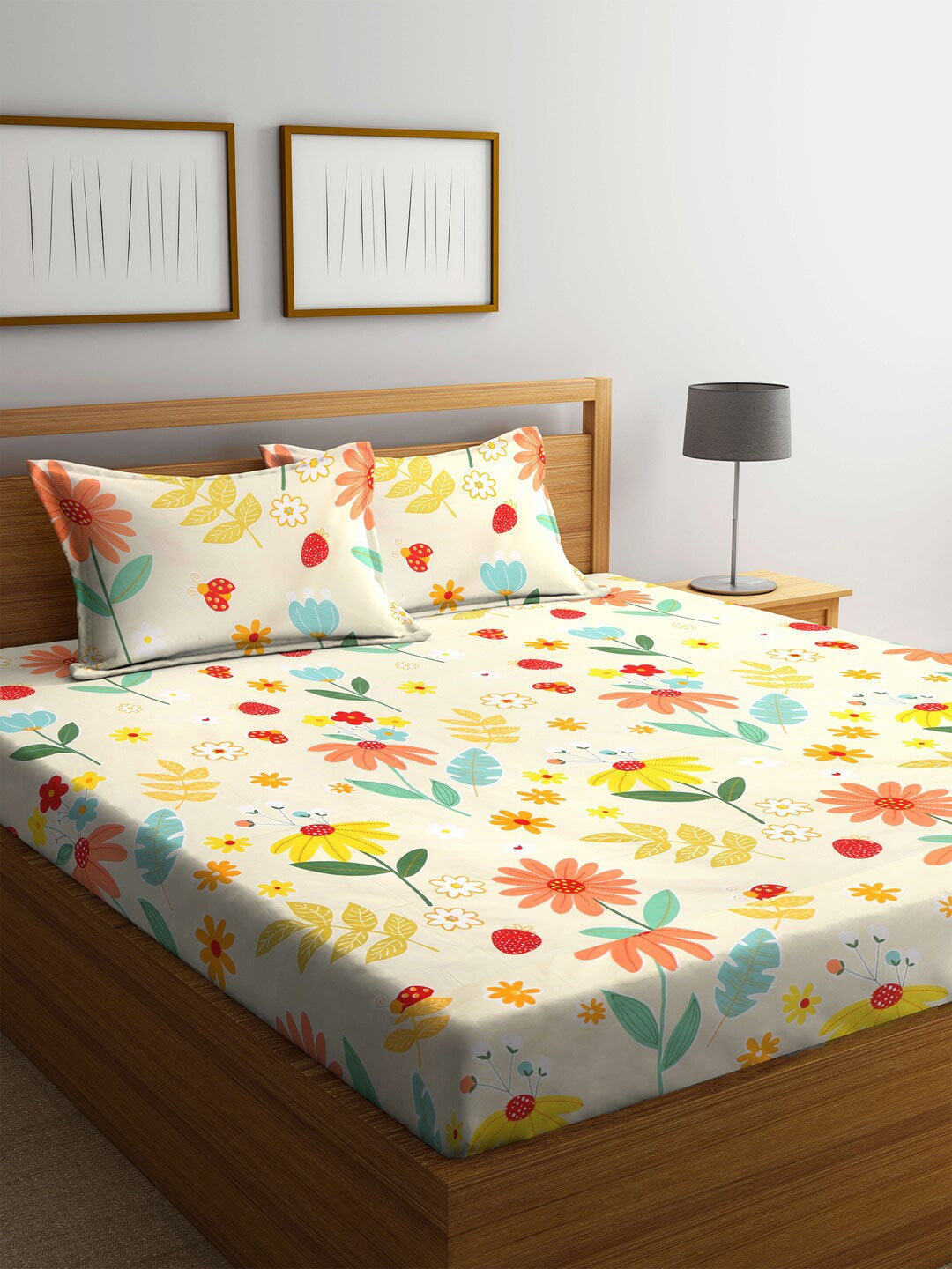 KLOTTHE White & Yellow Printed 300 TC Double King Fitted Bedsheet With 2 Pillow Covers | Grab2Buy
