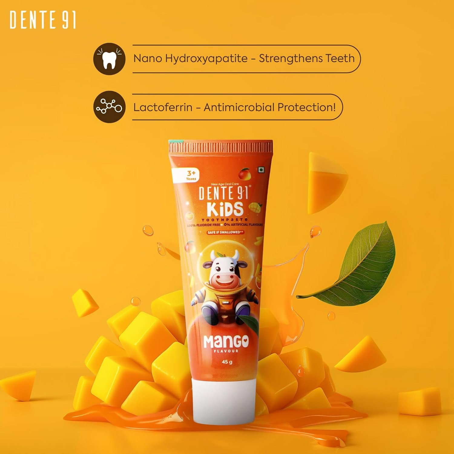 Dente91 Kids Toothpaste Protects Against Dental Caries & Hypersensitivity Fluoride Free, Mango Flavour