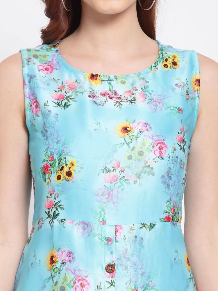 Myshka Women's Green Printed Cotton Blend Sleeveless Round Neck Casual Dress | Grab2Buy