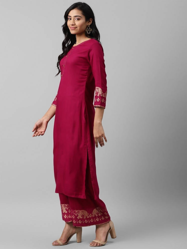 Yufta Women Pink And Golden Pure Cotton Solid Kurta with Palazzo and Dupatta | Grab2Buy
