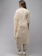 Yufta Women Beige & Green Ethnic Motifs Printed Cotton Kurta with Trouser With Dupatta | Grab2Buy