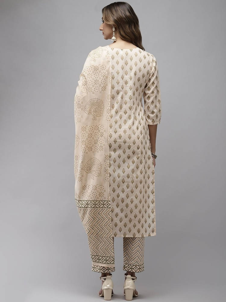 Yufta Women Beige & Green Ethnic Motifs Printed Cotton Kurta with Trouser With Dupatta | Grab2Buy