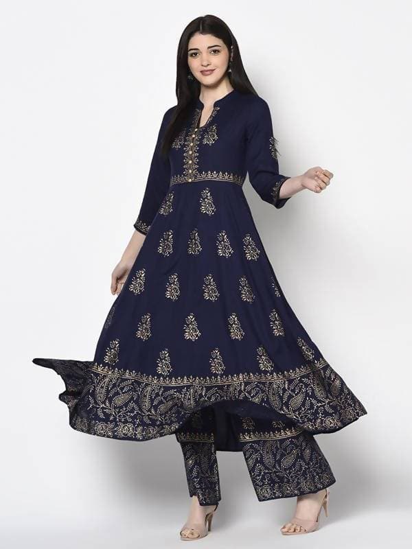 Aniyah Rayon Navy Blue Color Block Print Anarkali Palazzo Set (AN-210K) | Grab2Buy