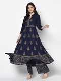 Aniyah Rayon Navy Blue Color Block Print Anarkali Palazzo Set (AN-210K) | Grab2Buy