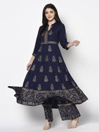Aniyah Rayon Navy Blue Color Block Print Anarkali Palazzo Set (AN-210K) | Grab2Buy