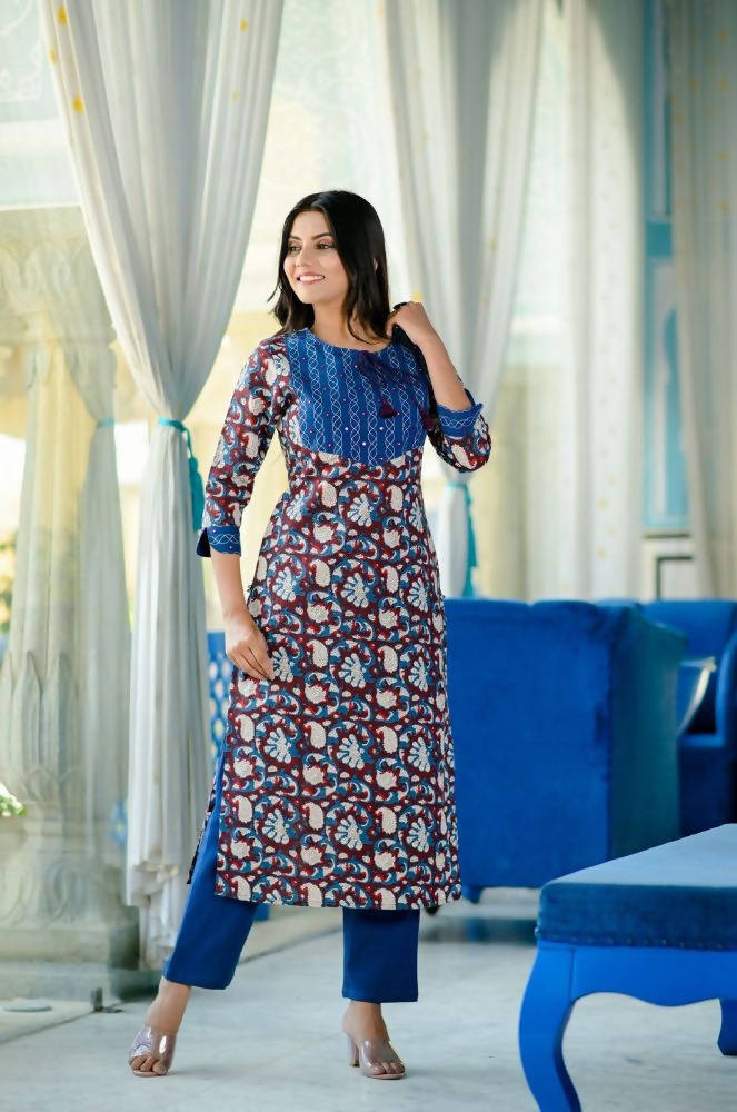 Yufta Women Blue Floral Printed Regular Pure Cotton Kurta with Trouser | Grab2Buy