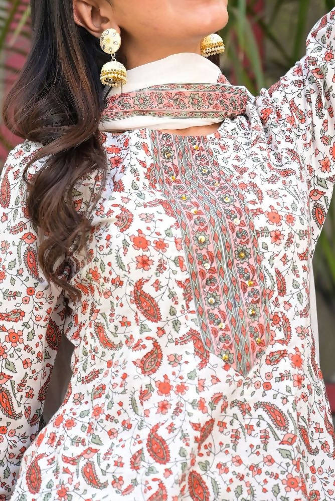 Yufta Women White Paisley Printed Regular Sequinned Pure Cotton Kurta with Palazzo & With Dupatta | Grab2Buy