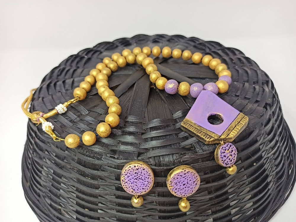 Terracotta Diamond Pendant Long Necklace Set With Studs-Lavender | Grab2Buy