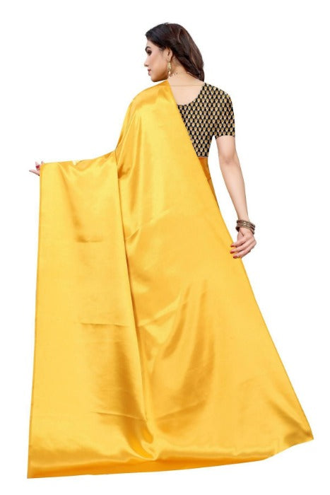 Vamika Plain Yellow Satin Saree (SATIN GLORY Yellow) | Grab2Buy