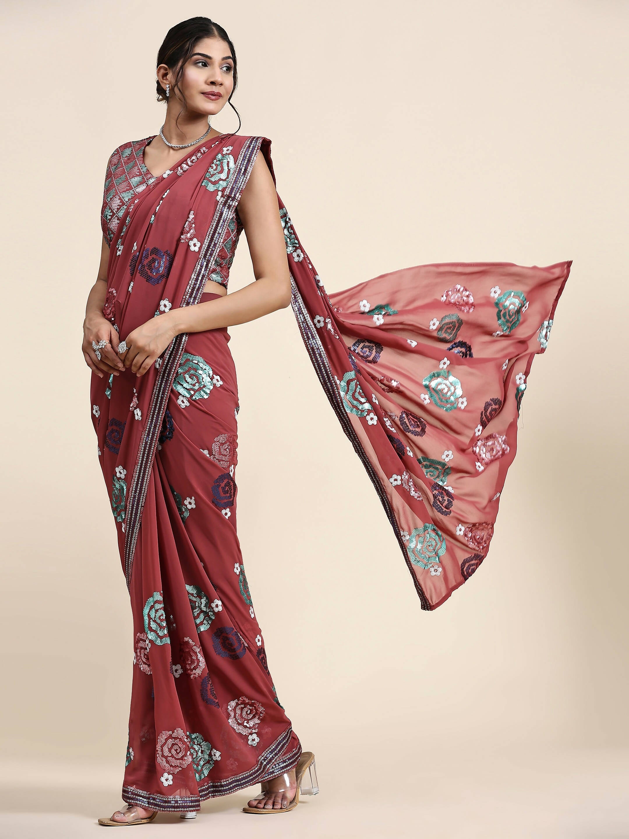 Peach Pure Georgette Sequence work Ready to wear Saree with stitched Blouse - Nirvana | Grab2Buy