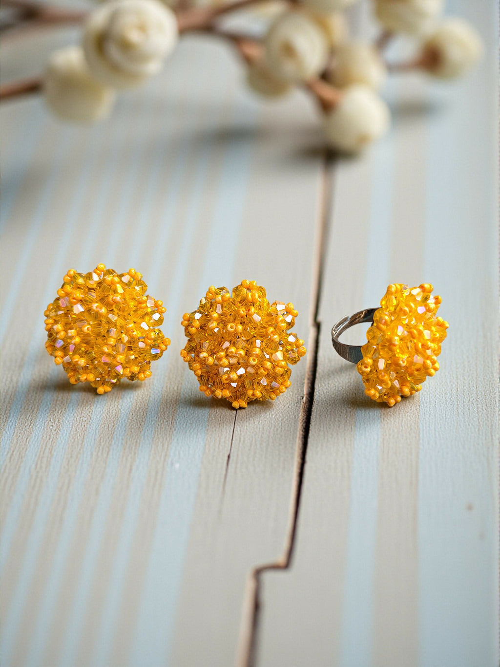 Inhanns Rangmani Crystal Duo – Adjustable Ring + Statement Earrings Set - Yellow | Grab2Buy