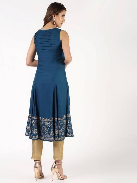 Aniyah Rayon Block Print Flared Blue Kurta (AN-149K) | Grab2Buy