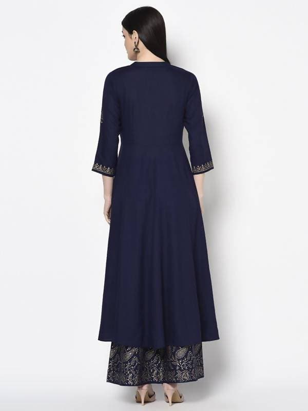 Aniyah Rayon Navy Blue Color Block Print Anarkali Palazzo Set (AN-210K) | Grab2Buy