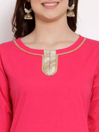 Myshka Women's Pink Cotton 3/4 Sleeve Round Neck Solid Casual Kurta Pant Dupatta Set | Grab2Buy