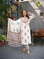 Yufta Women White Floral Printed Regular Pure Cotton Kurta with Trouser & With Dupatta | Grab2Buy