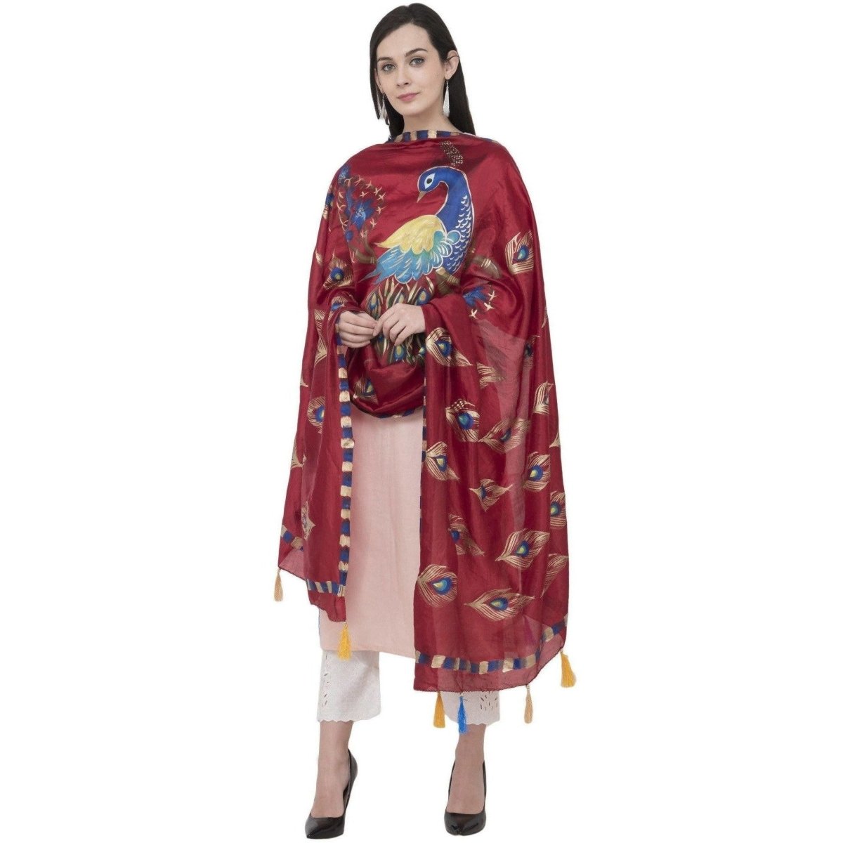 A R Silk Silk Peacock Multi Fancy Dupatta Color Mehroon Dupatta or Chunni | Grab2Buy