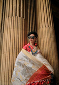 Petunia Flower Whitesoft Handloom Sik Zari & Thread Work, Contrast Pallu Saree - Rajtex Kube Silk | Grab2Buy