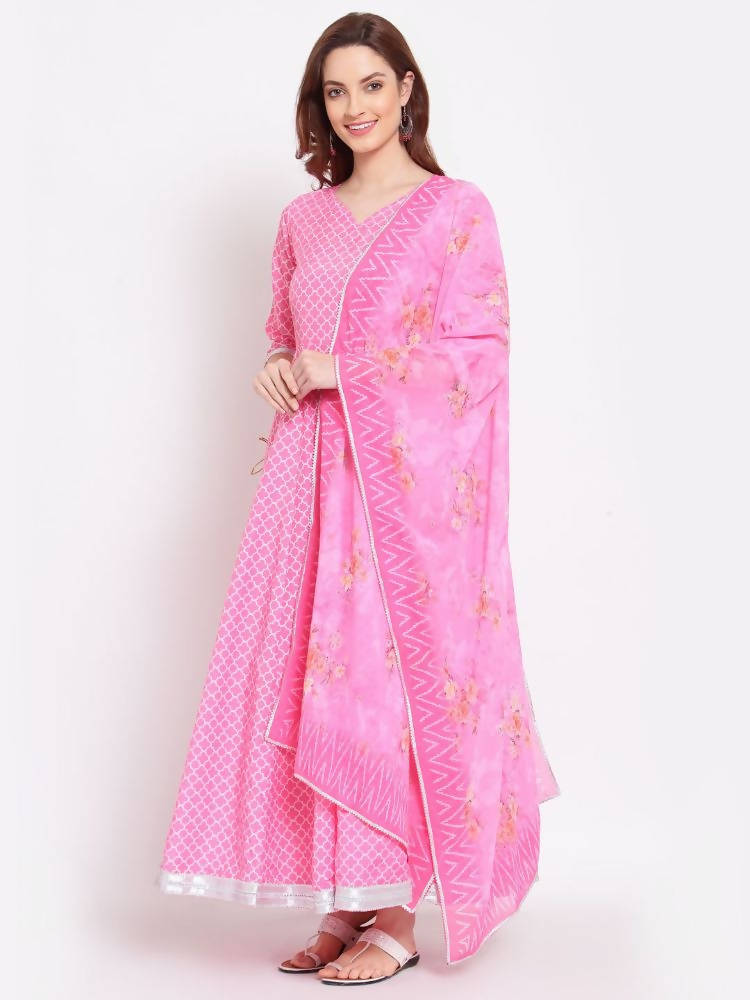 Indian Clothing Myshka Women's Pink Printed Cotton Blend 3/4 Sleeve V Neck Casual Anarkali Kurta Dupatta Set | Grab2Buy