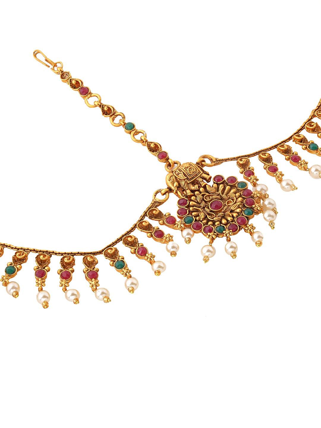 Yellow Chimes Women Gold-Polished,Maroon,Green White Pearl Hanging Bridal Mathapatti | Grab2Buy