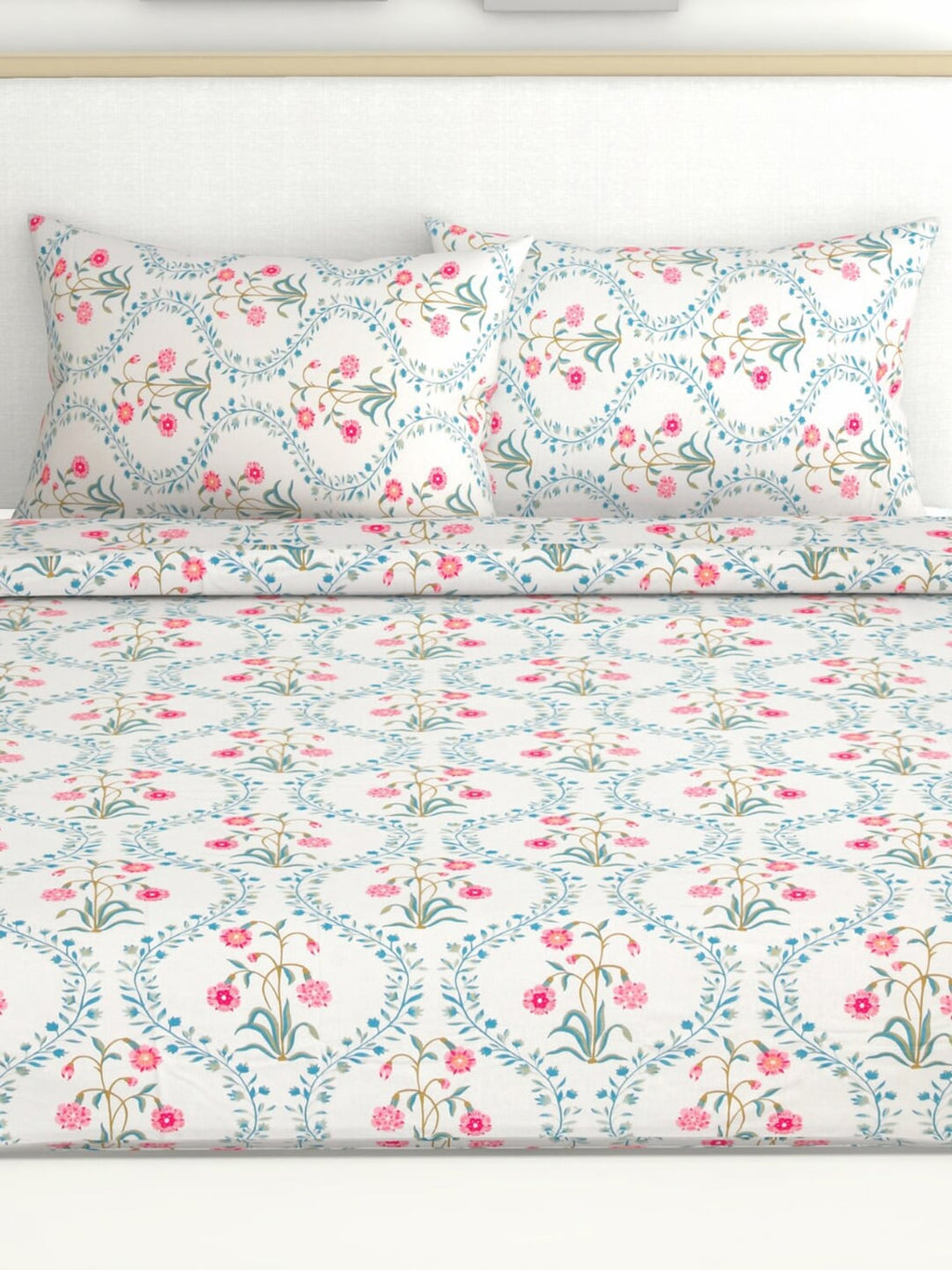 haus & kinder Blossoms Pink & White 186 TC Cotton Queen Bedsheet With 2 Pillow Covers | Grab2Buy