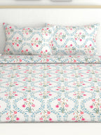 haus & kinder Blossoms Pink & White 186 TC Cotton Queen Bedsheet With 2 Pillow Covers | Grab2Buy