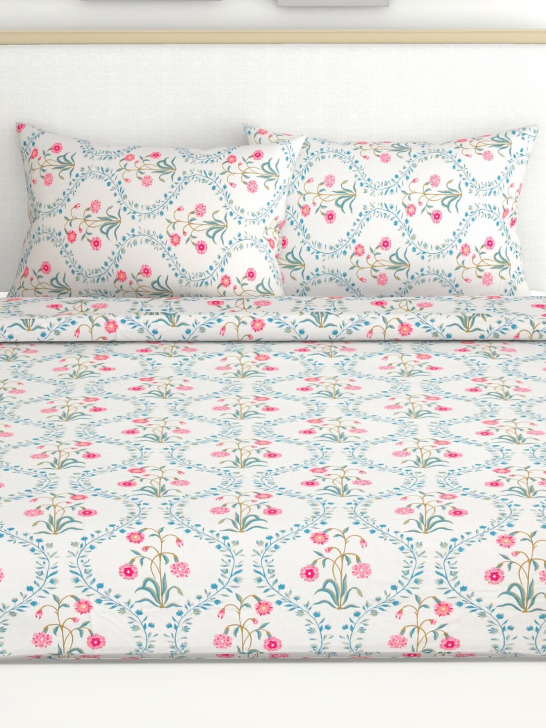 haus & kinder Blossoms Pink & White 186 TC Cotton Queen Bedsheet With 2 Pillow Covers | Grab2Buy