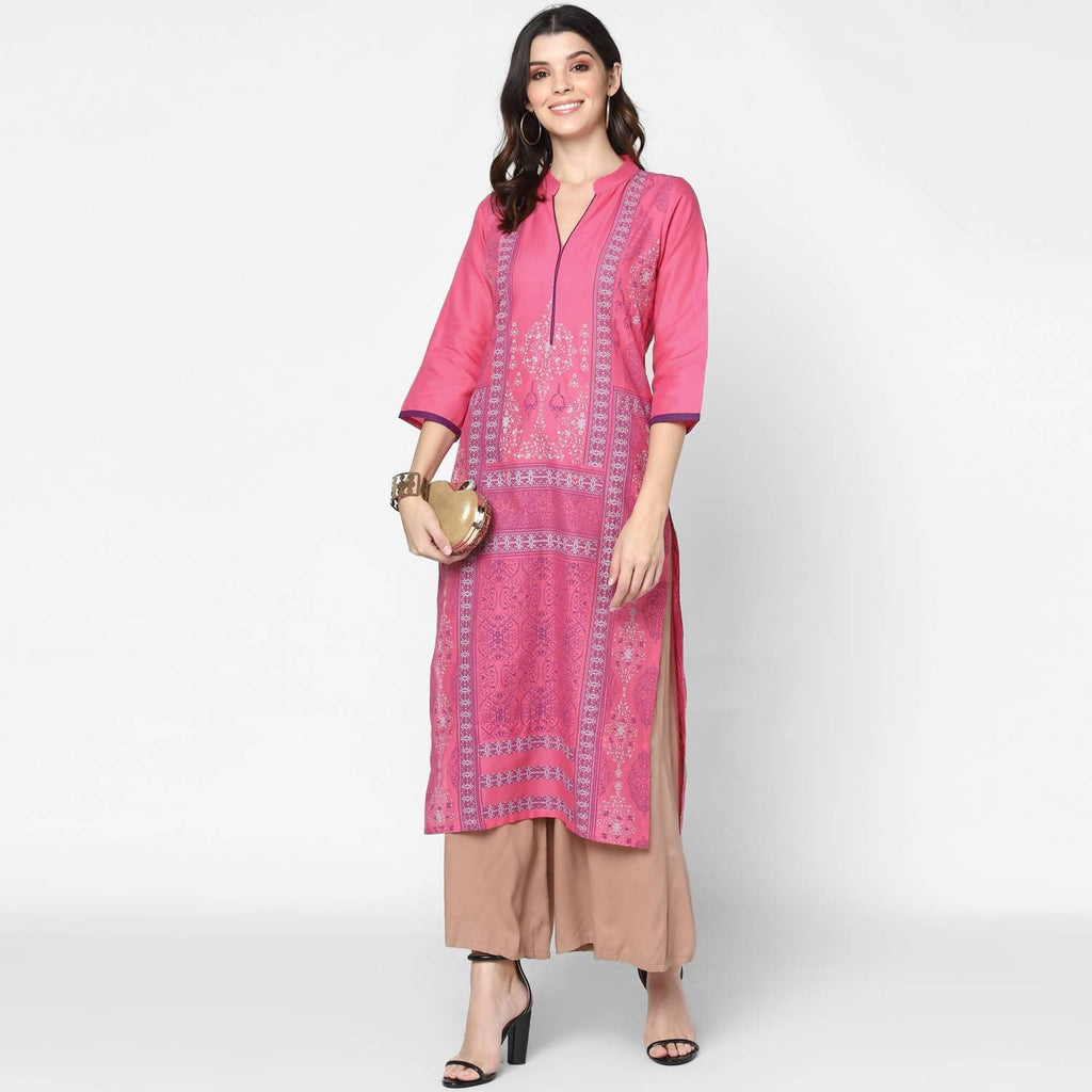 Cheera Hand Block Print Baby Pink Straight Kurta (MAAI-048K) | Grab2Buy