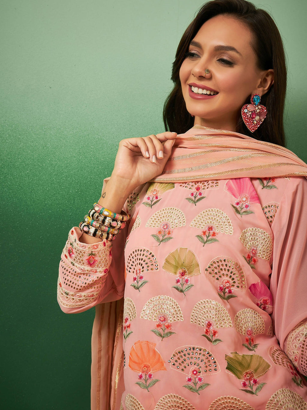 Peach Georgette Handwork Unstitched Dress Material - Hanika | Grab2Buy