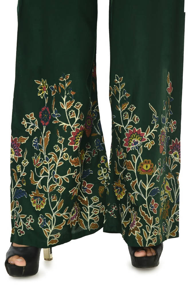 Mominos Fashion Moeza Reyon Cotton Bottle Green Floral Palazzo | Grab2Buy