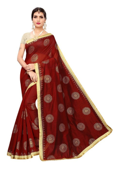 Vamika Chanderi Cotton Foil Print Maroon Saree (GOLDEN BIRD MAROON) | Grab2Buy