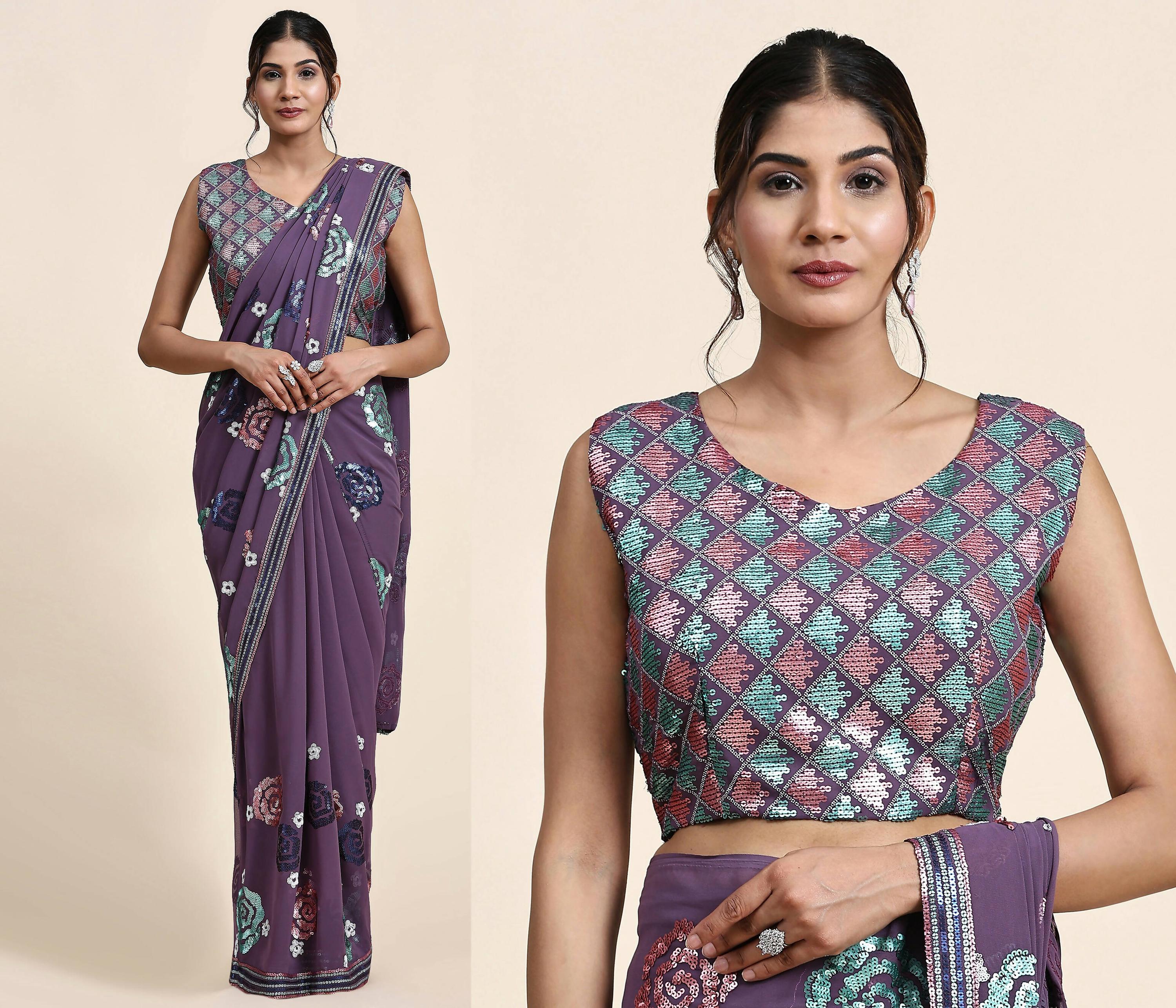 Purple Pure Georgette Sequence work Ready to wear Saree with stitched Blouse - Nirvana | Grab2Buy