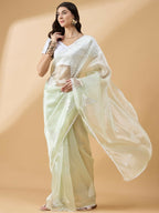 Green Tissue Slub Embroidered Saree with Unstitched Blouse - Vairagi | Grab2Buy