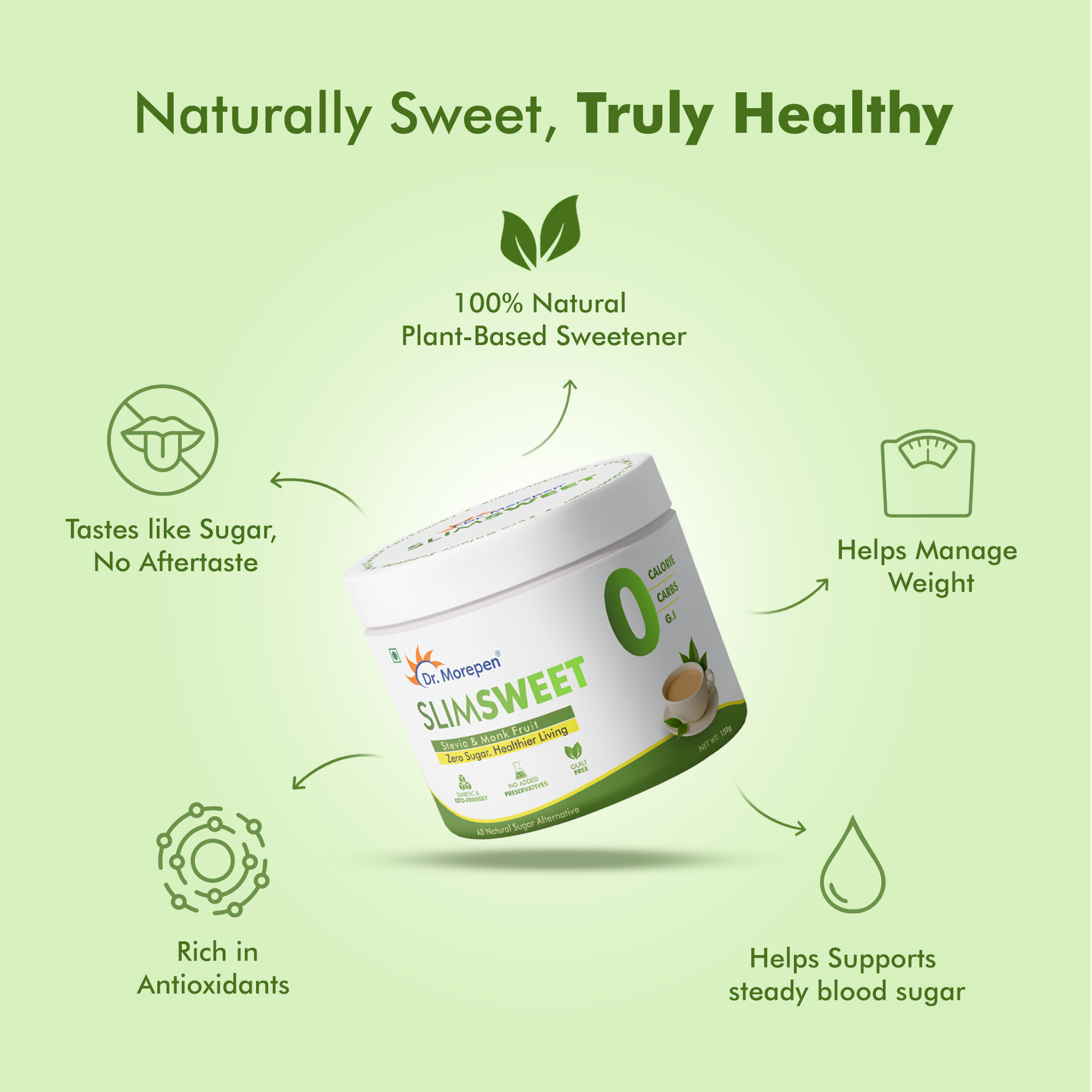 Dr. Morepen Slimsweet Natural Sugar Substitute with Stevia & Monk Fruit | Grab2Buy