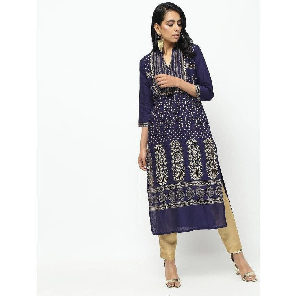 Cheera Navy Blue Straight Foil Printed Long Kurta | Grab2Buy