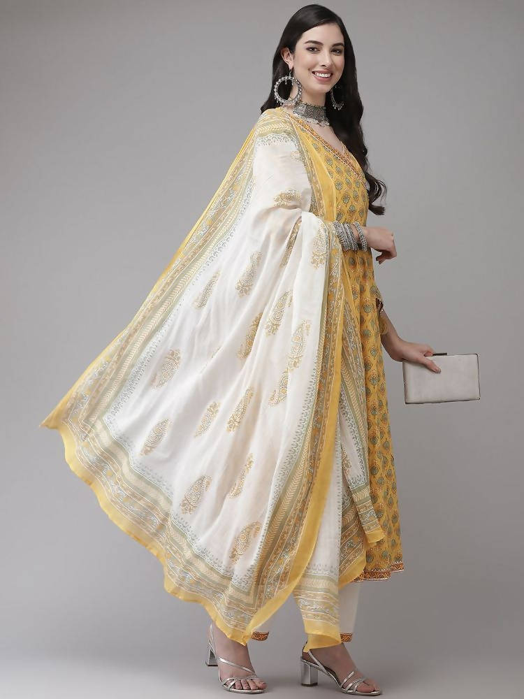Yufta Women Yellow Floral Print Angrakha Pure Cotton Kurta and Trouser With Dupatta | Grab2Buy