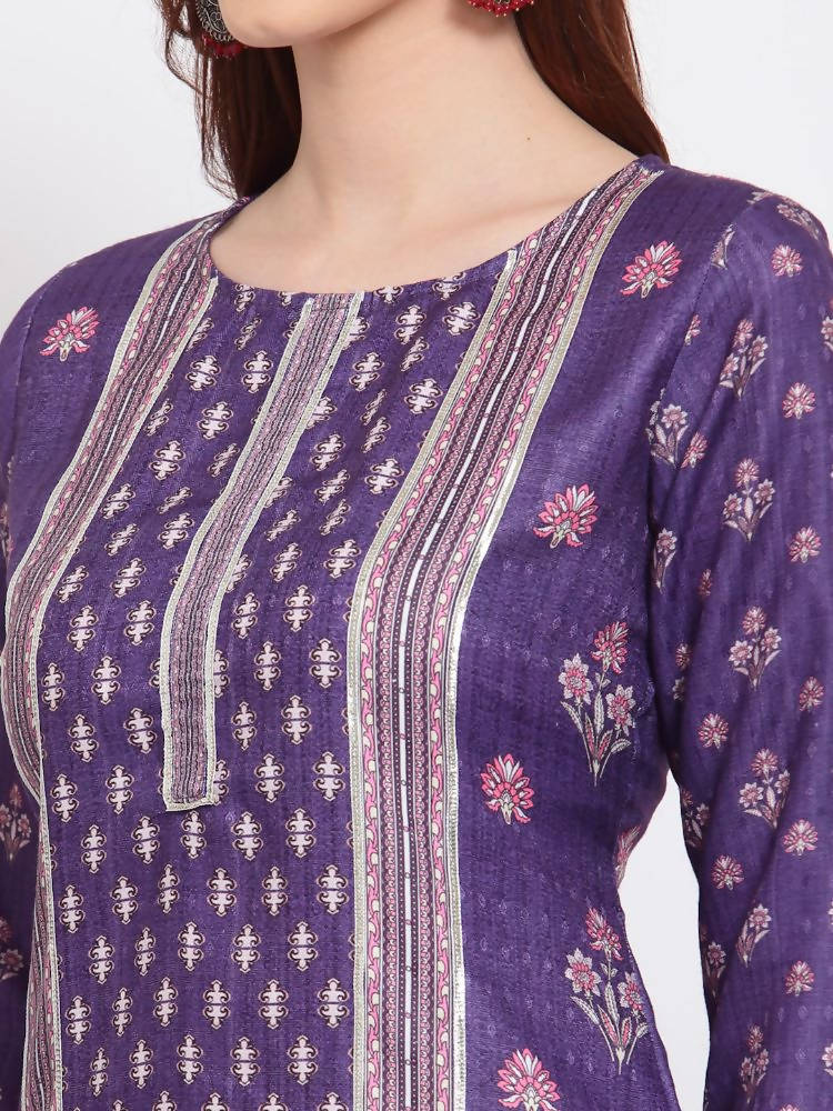 Myshka Women's Purple Printed Pashmeena Full Sleeve Round Neck Casual Kurta | Grab2Buy