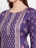 Myshka Women's Purple Printed Pashmeena Full Sleeve Round Neck Casual Kurta | Grab2Buy