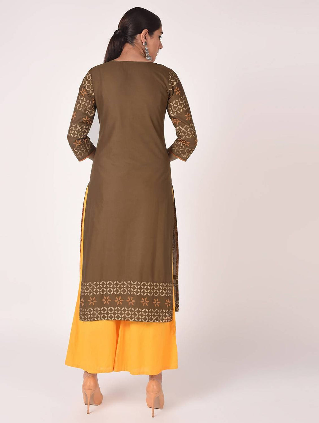 Cheera Hand Block Print Earth Brown Straight Kurta (MAAI-060K) | Grab2Buy