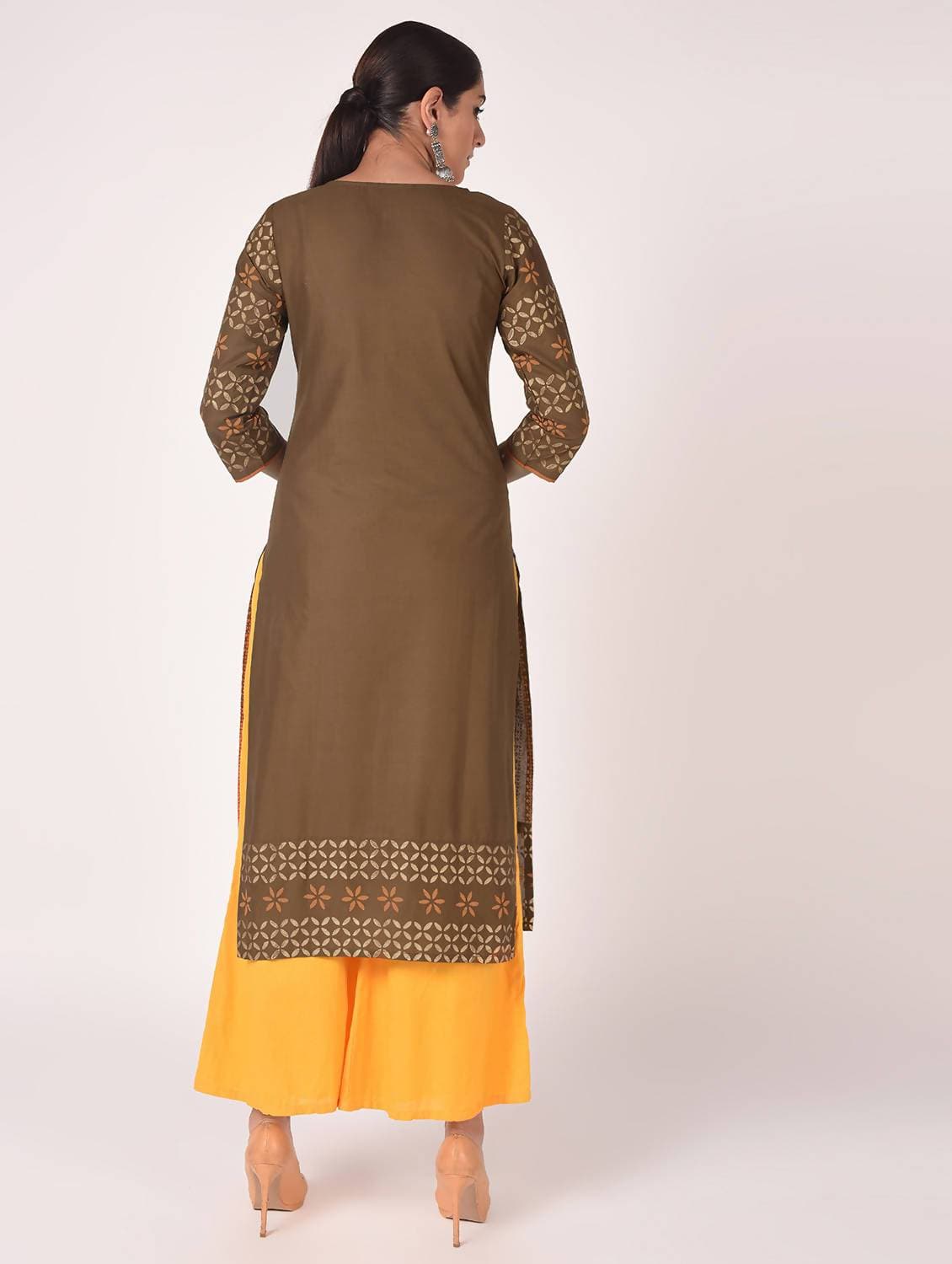 Cheera Hand Block Print Earth Brown Straight Kurta (MAAI-060K) | Grab2Buy