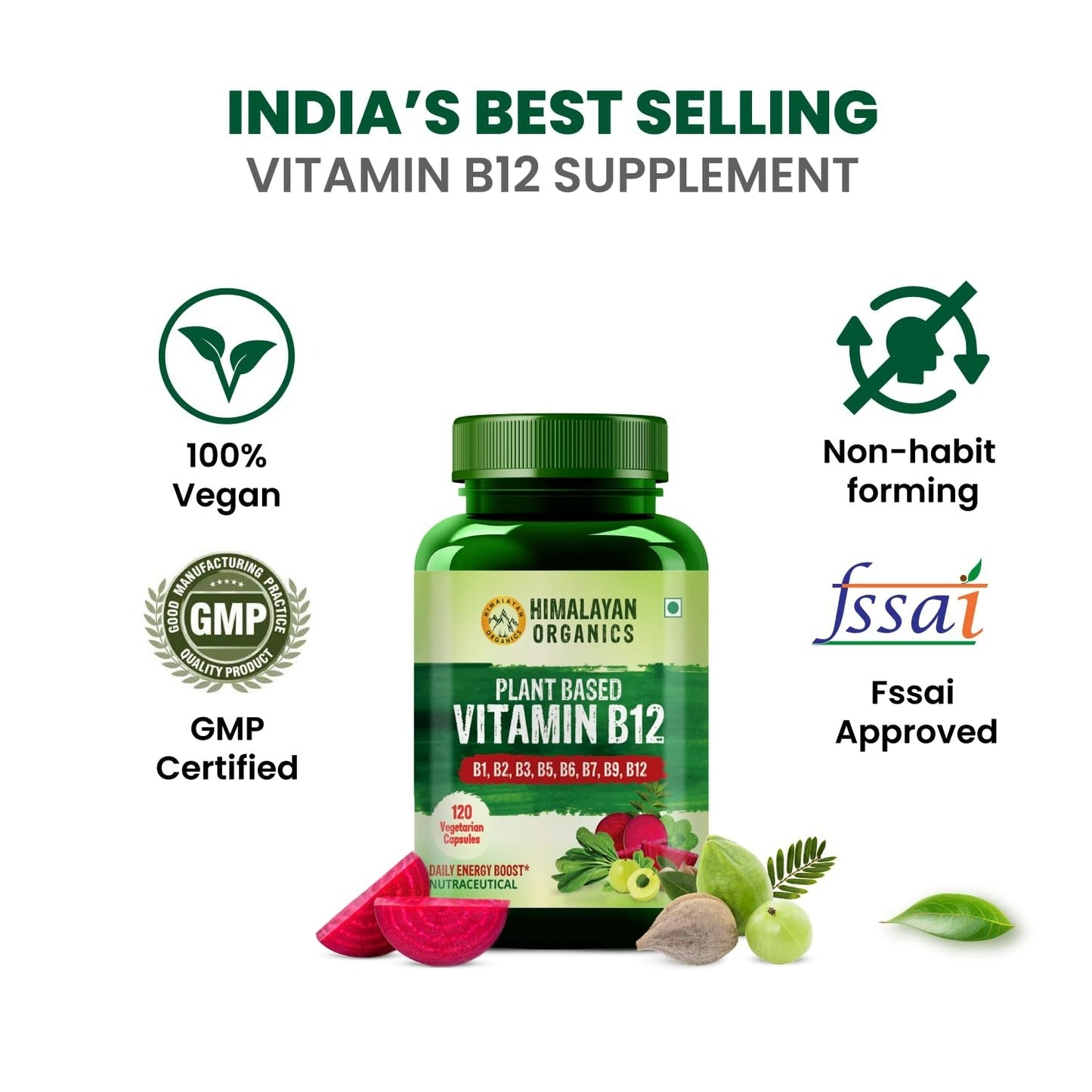 Himalayan Organics Organic B12 500mg Vegetarian Capsules | Grab2Buy