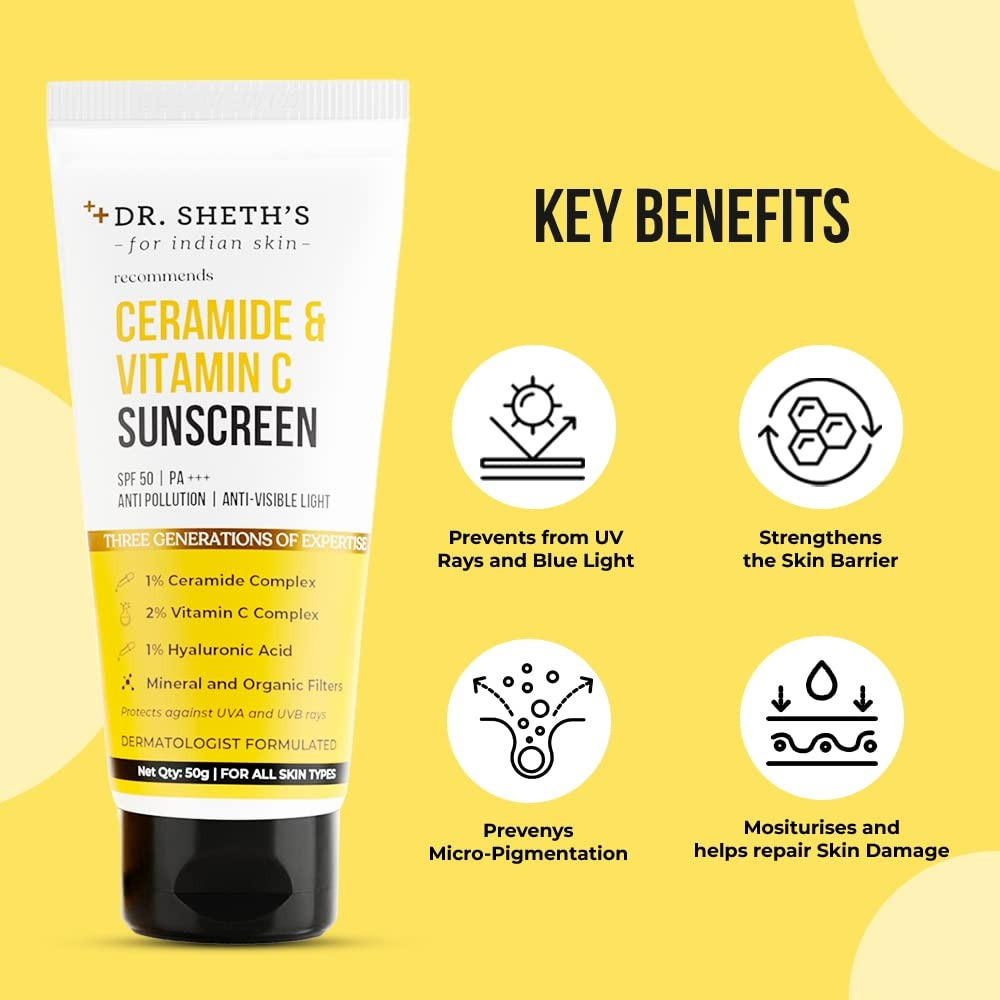 Dr. Sheth's Ceramide & Vitamin C Sunscreen SPF 50+ PA+++ UVA UVB Sun Protection, For All Skin Types | Grab2Buy