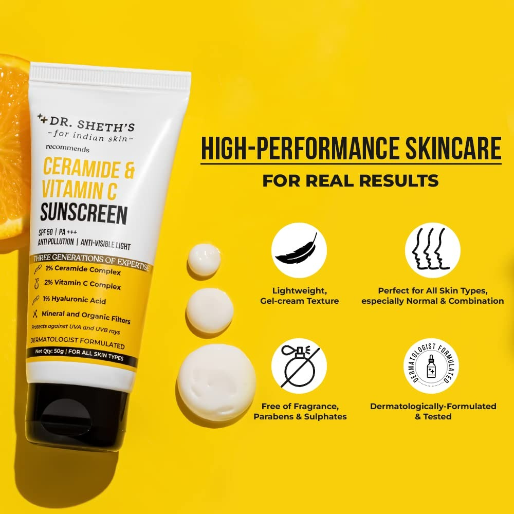 Dr. Sheth's Ceramide & Vitamin C Sunscreen SPF 50+ PA+++ UVA UVB Sun Protection, For All Skin Types | Grab2Buy