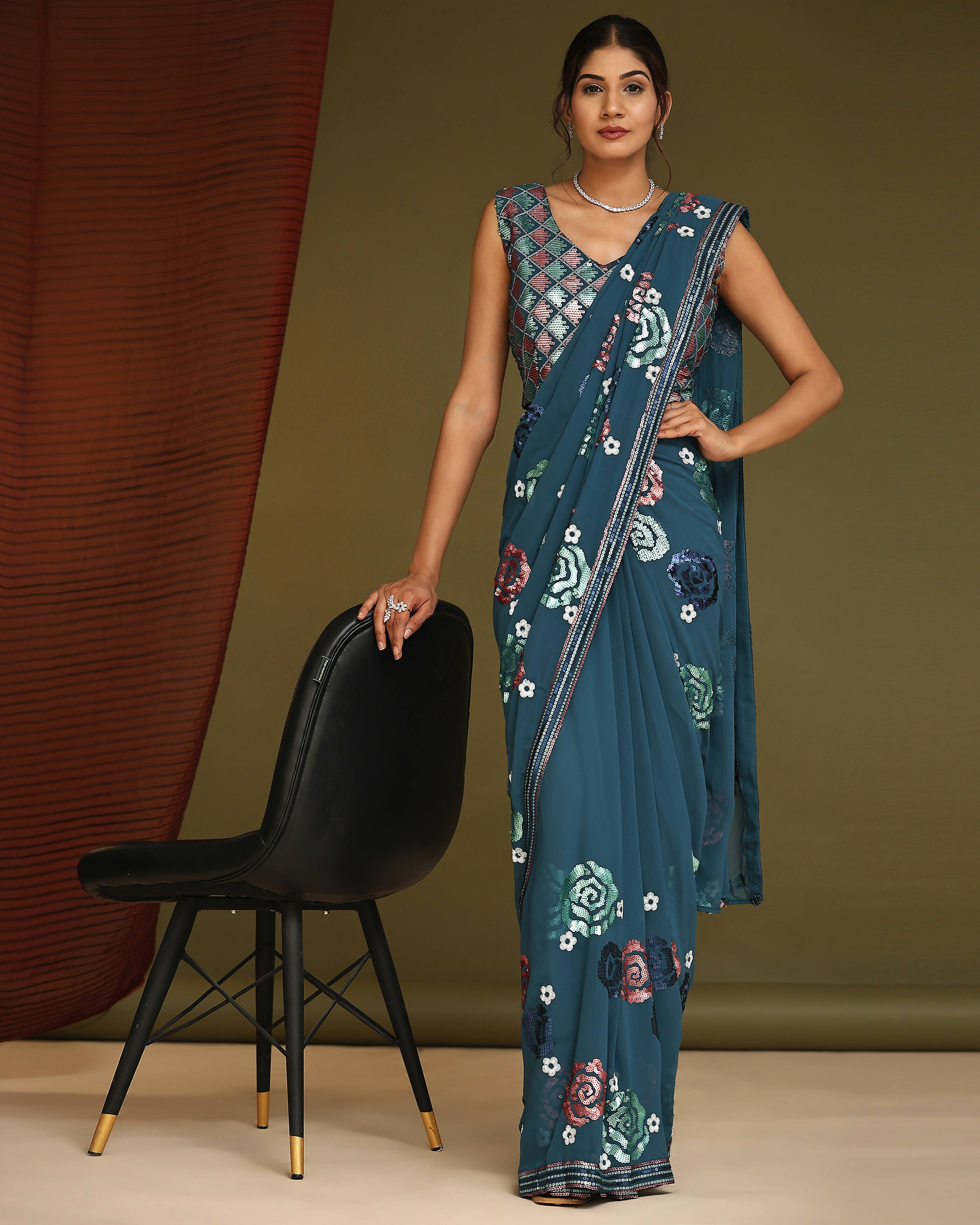 Blue Pure Georgette Sequence work Ready to wear Saree with stitched Blouse - Nirvana | Grab2Buy