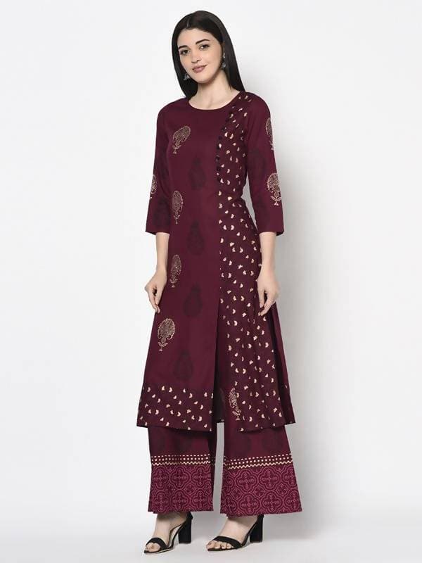 Aniyah Rayon Wine Color Block Print Straight Kurta (AN-175K) | Grab2Buy