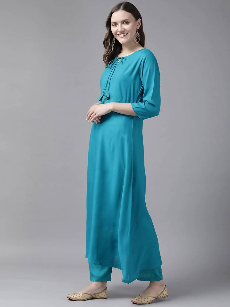 Yufta Women Teal Blue Solid Kurta with Trouser and Dupatta | Grab2Buy