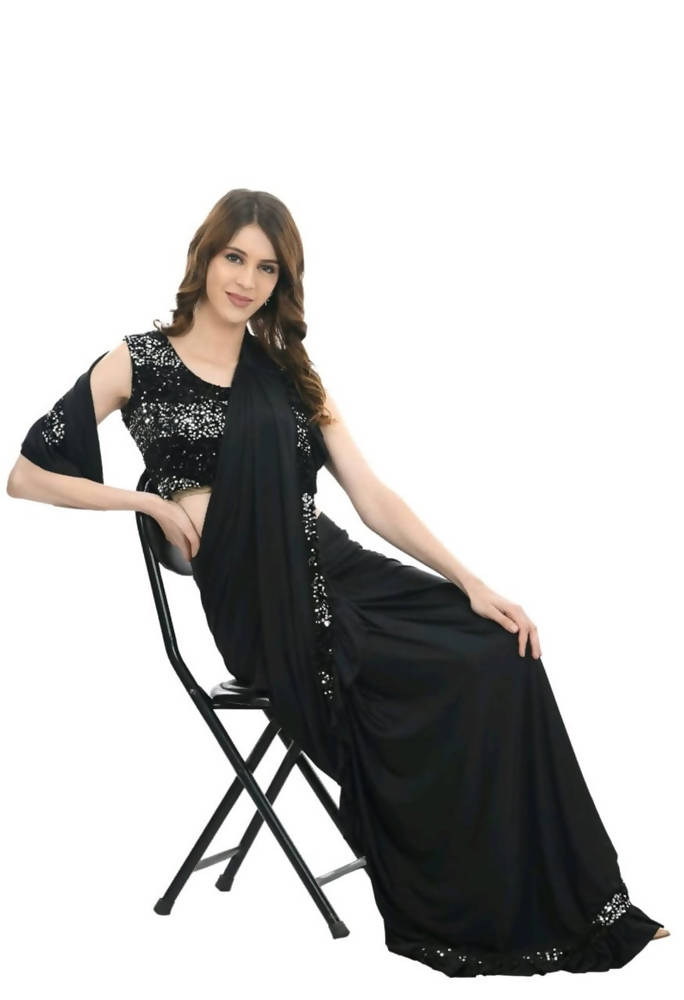 Mominos Fashion All Season Wear Black Ruffled Ready To Wear Saree | Grab2Buy